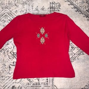 Vintage Fleurette knit sweater top with argyle patch design